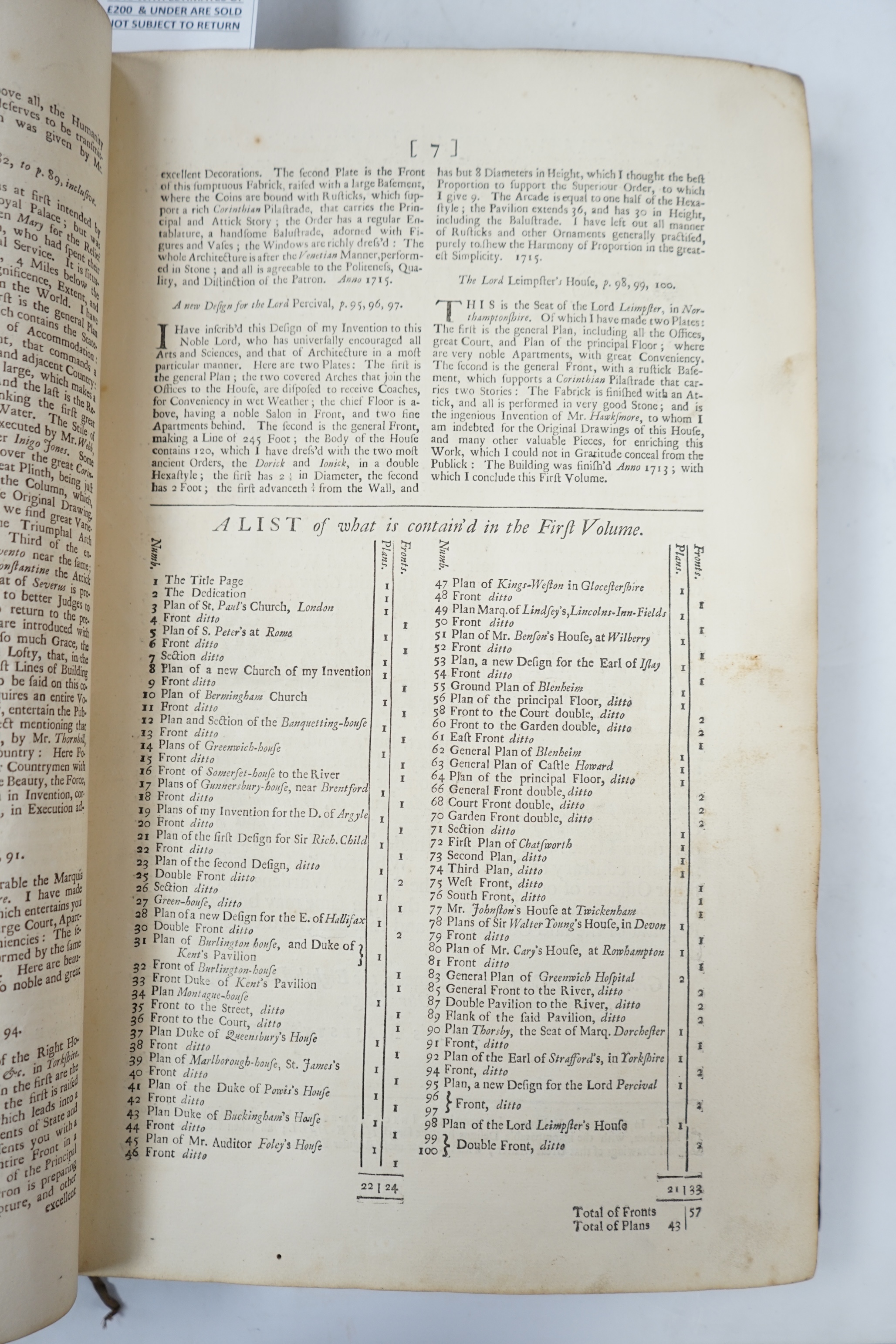 Campbell, Colen - Vitruvius Britannicus, or The British Architect, containing the Plans, Elevations and Sections of the Regular Buildings both Public and Private, vols 1 & 2 only, bound in 1, folio, calf rebacked, with e